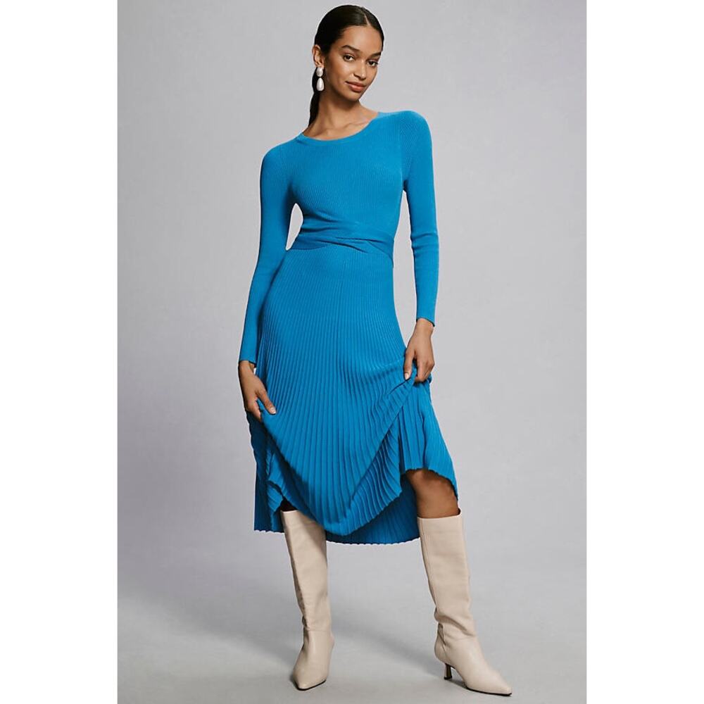 By Anthropologie Long Sleeve Ribbed Sweater Midi Dress Blue SP